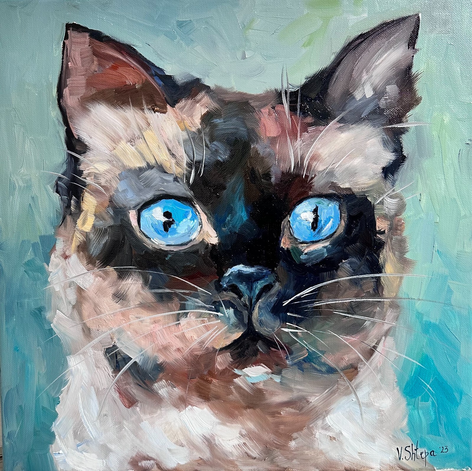 Original Oil Painting Siamese Tabby Cat Portrait Impression Kitten Signed Art