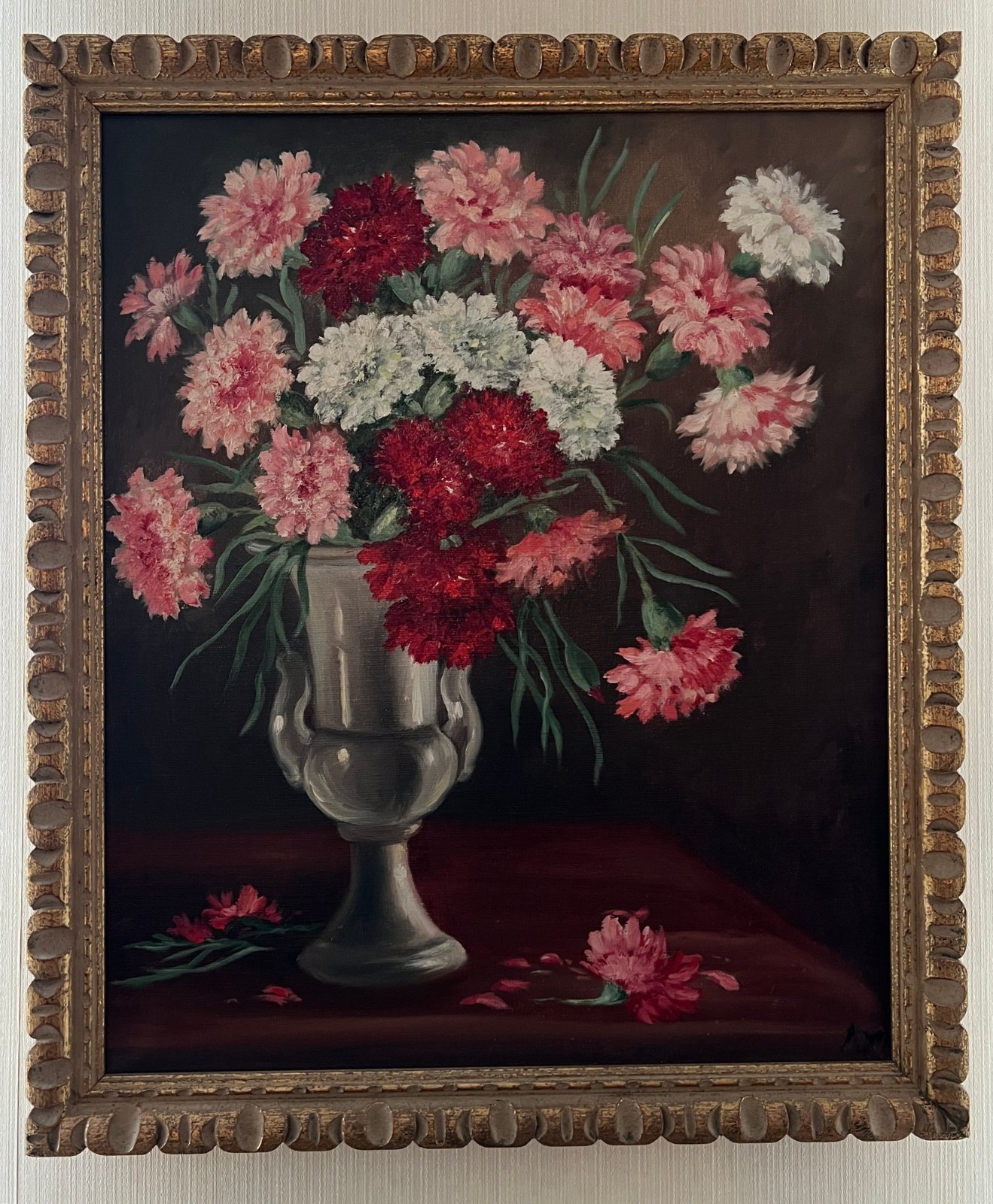 Vintage Floral Bouquet of Carnations in Vase Oil Painting Canvas Flowers FRAMED