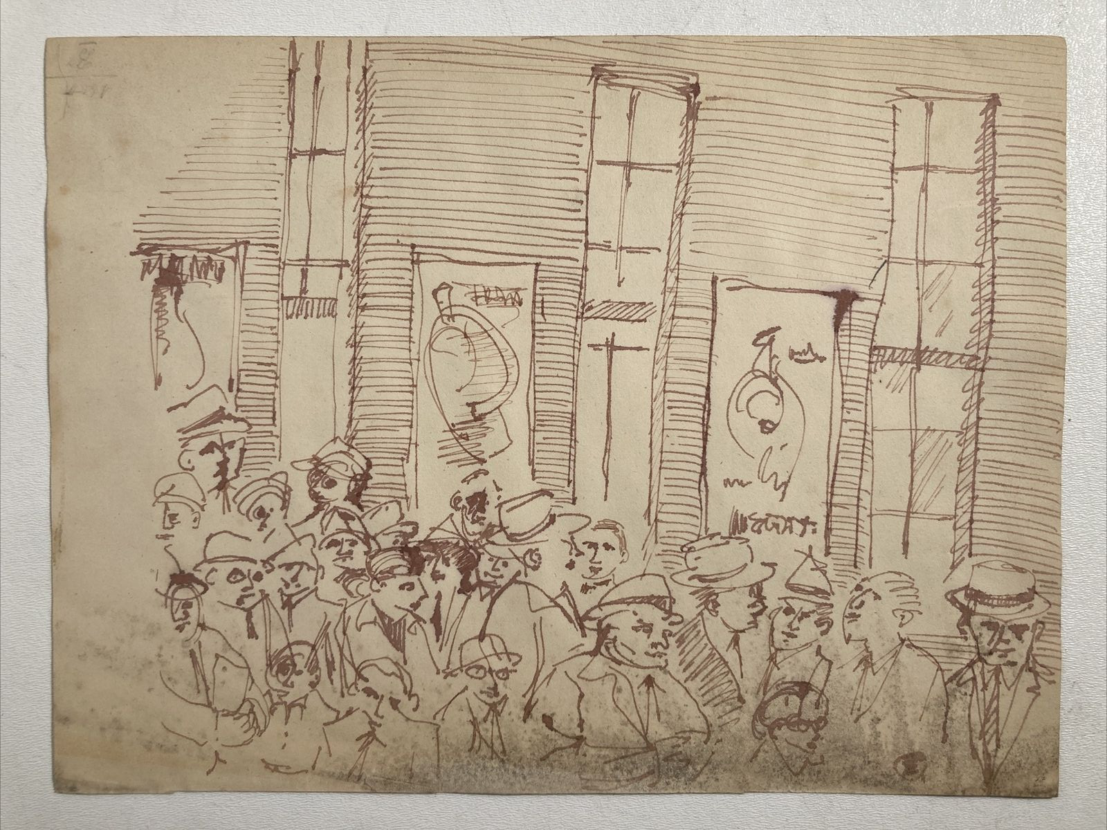 Vintage 1930/40’S Original Pen and Ink and Pencil Drawing CROWD ON THE STREET 2X