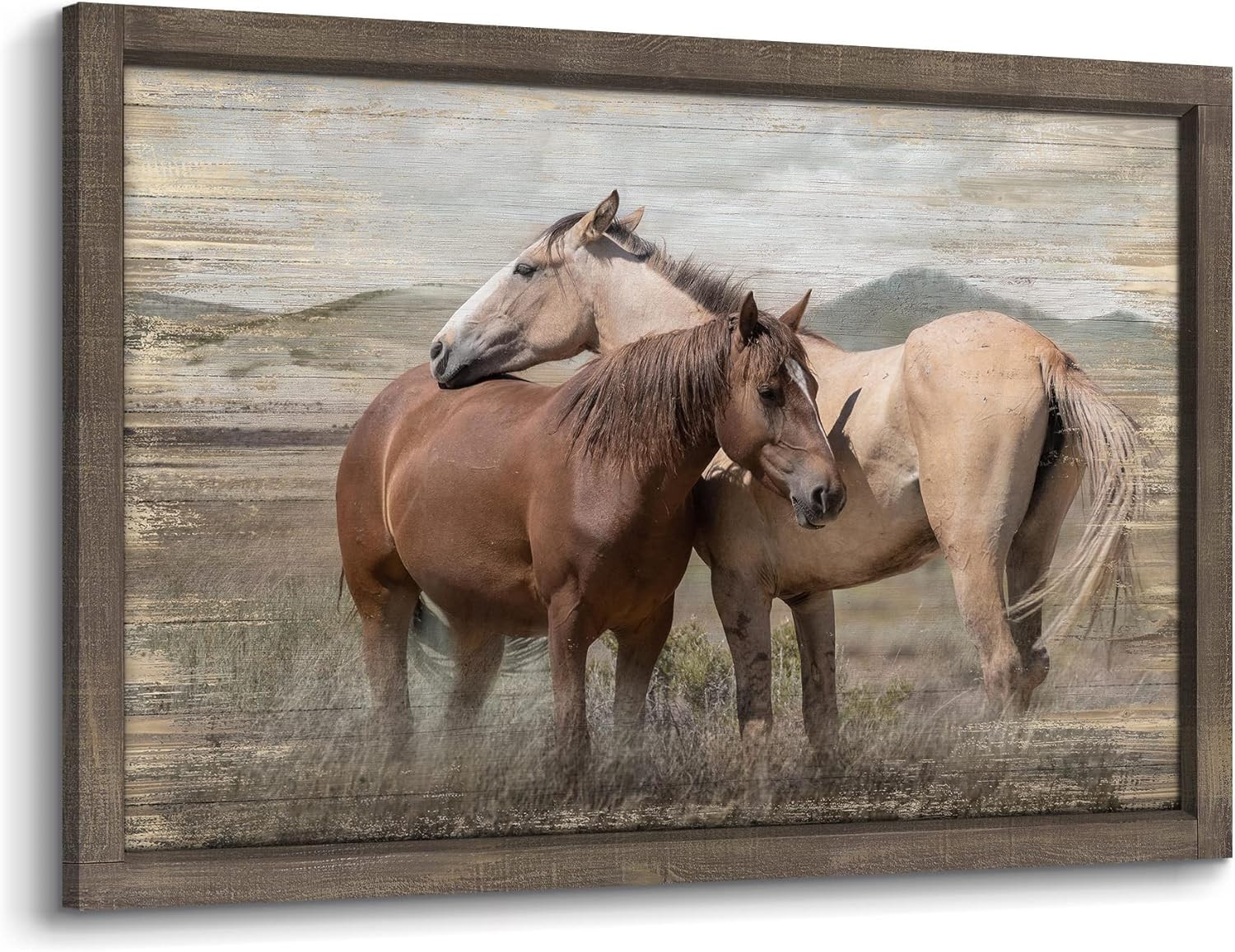 Large Framed Wooden Horse Painting: Hand Painted Heavy Texture Wild Horse Artwor