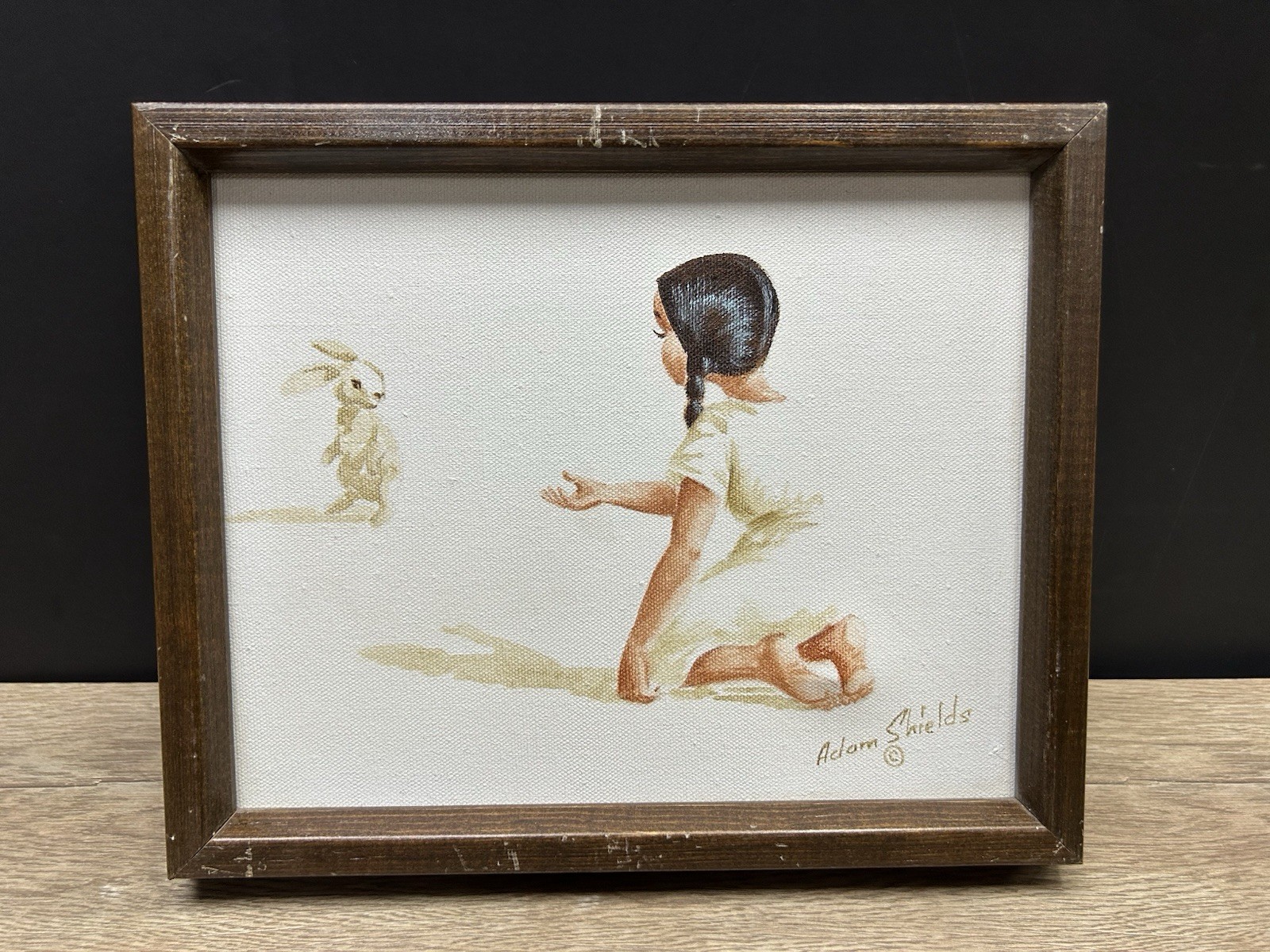 Adam Shields Signed Native American Girl With Rabbit Oil Painting Art Frame