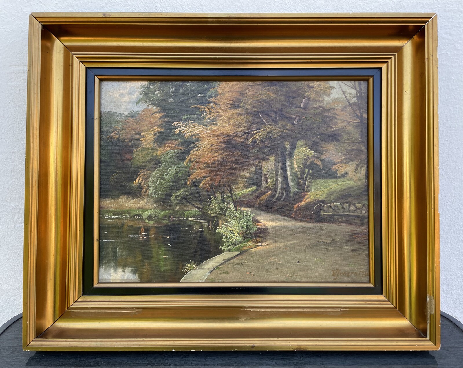 Impressionist Autumn Park Landscape Deciduous Trees Lake Bank Oil Painting 1936