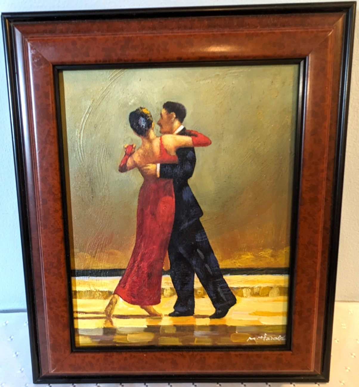 Oil Painting-Glamorous Couple Dancing on a Beach-Framed-Signed «M Harold»-C Desc