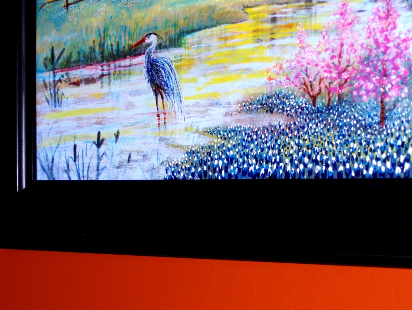 LARGE ORIGINAL Bluebonnet Landscape Barn Fence Heron Pond Blooming Tree Painting