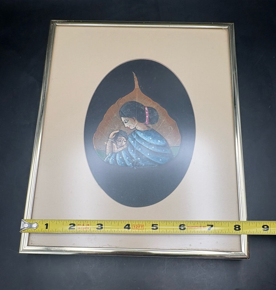 Hand Painted Framed Pipul Tree Leaf Art Mother And Child India 8 x 10