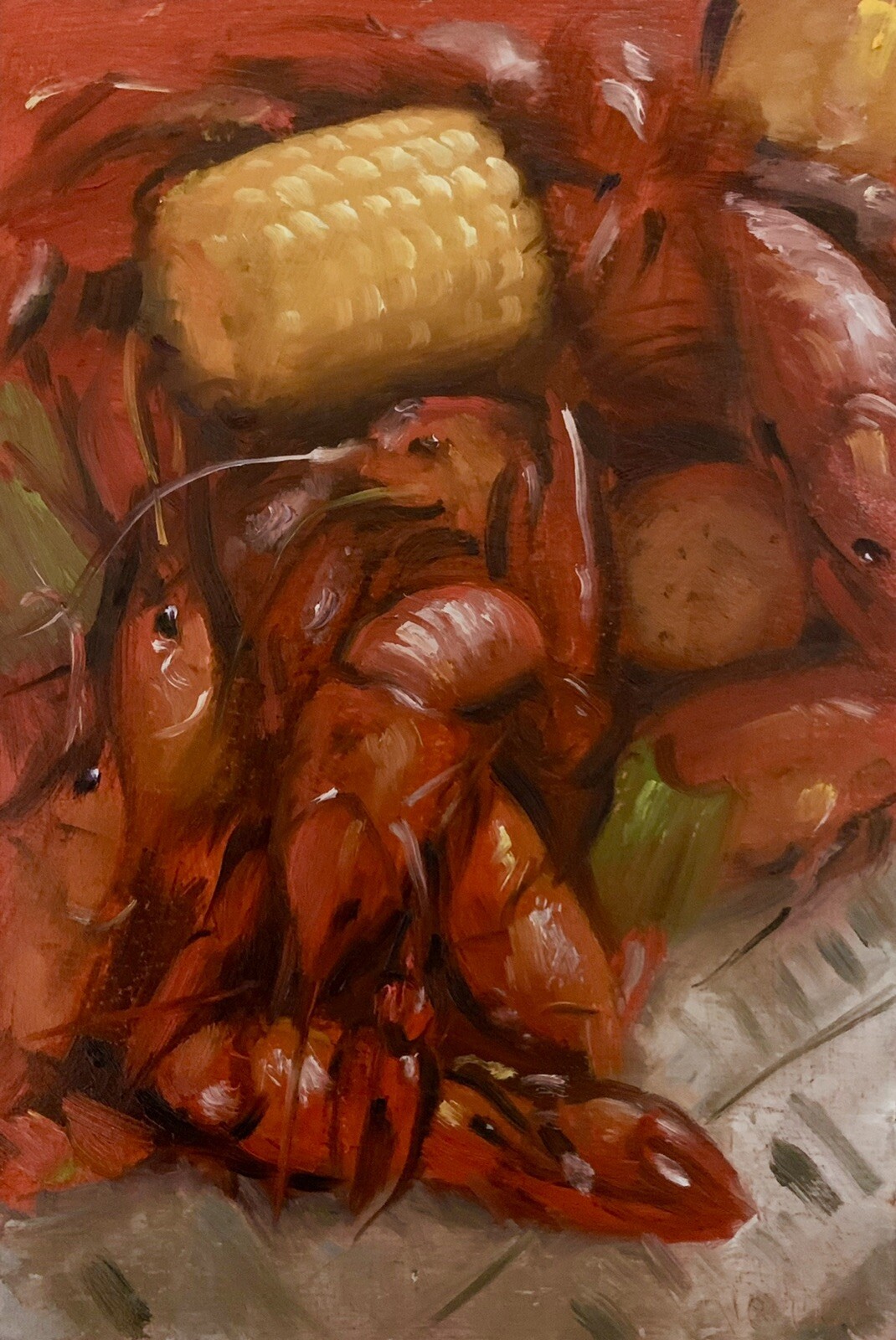 “Crawfish Boil” NOAH VERRIER Still life oil painting, Signed art print