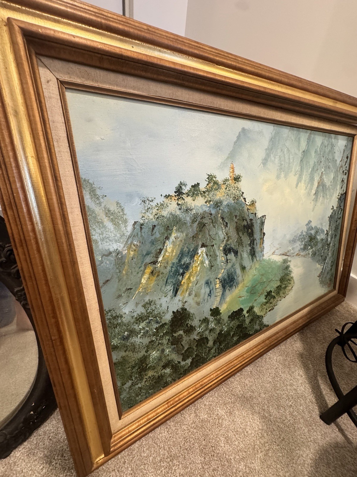 Vintage Asian Landscape Oil Painting Signed Framed Mountain Scene Chinese Style