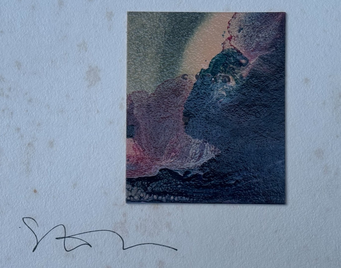 SMALL ABSTRACT PAINTING VOLCANIC LAVA SEASCAPE SIGNED ILLEGIBLE VERONIQUE 1987