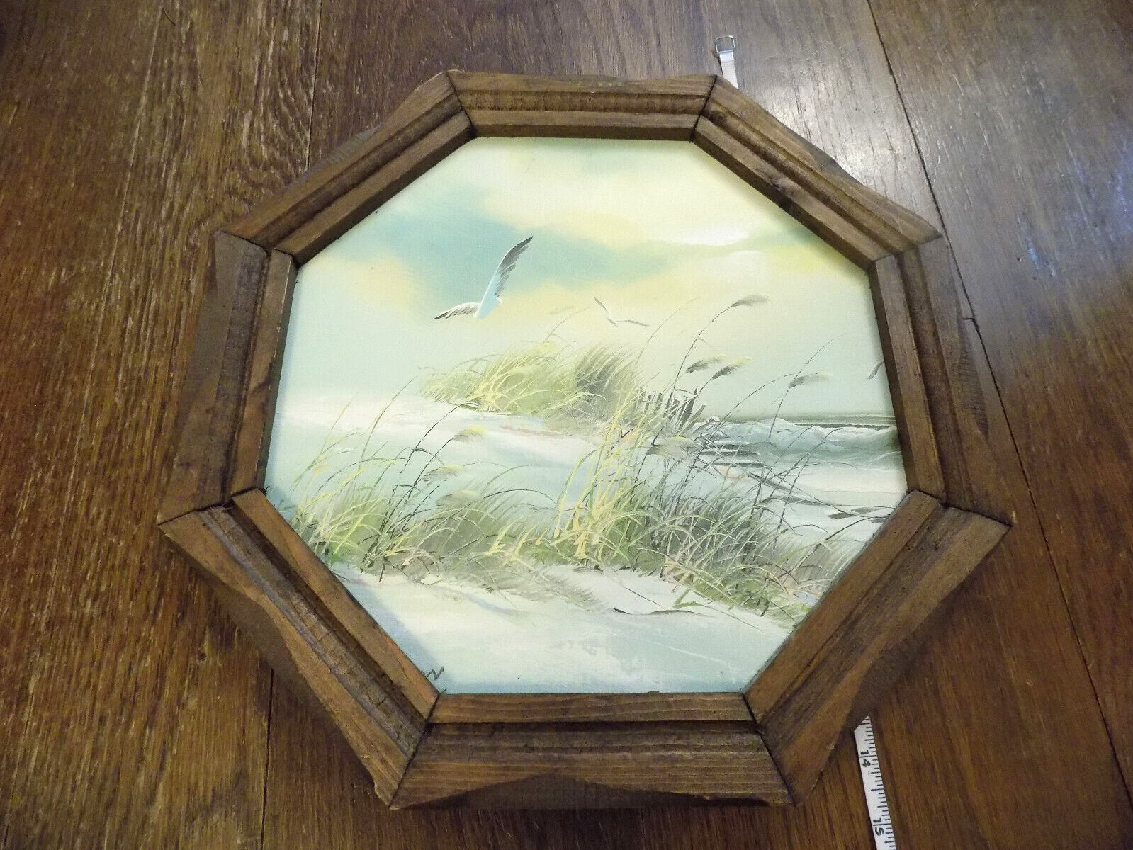 Vtg Octagon Wooden Frame Sea Scape Grass Ocean Beach Seagull Bird Oil Painting