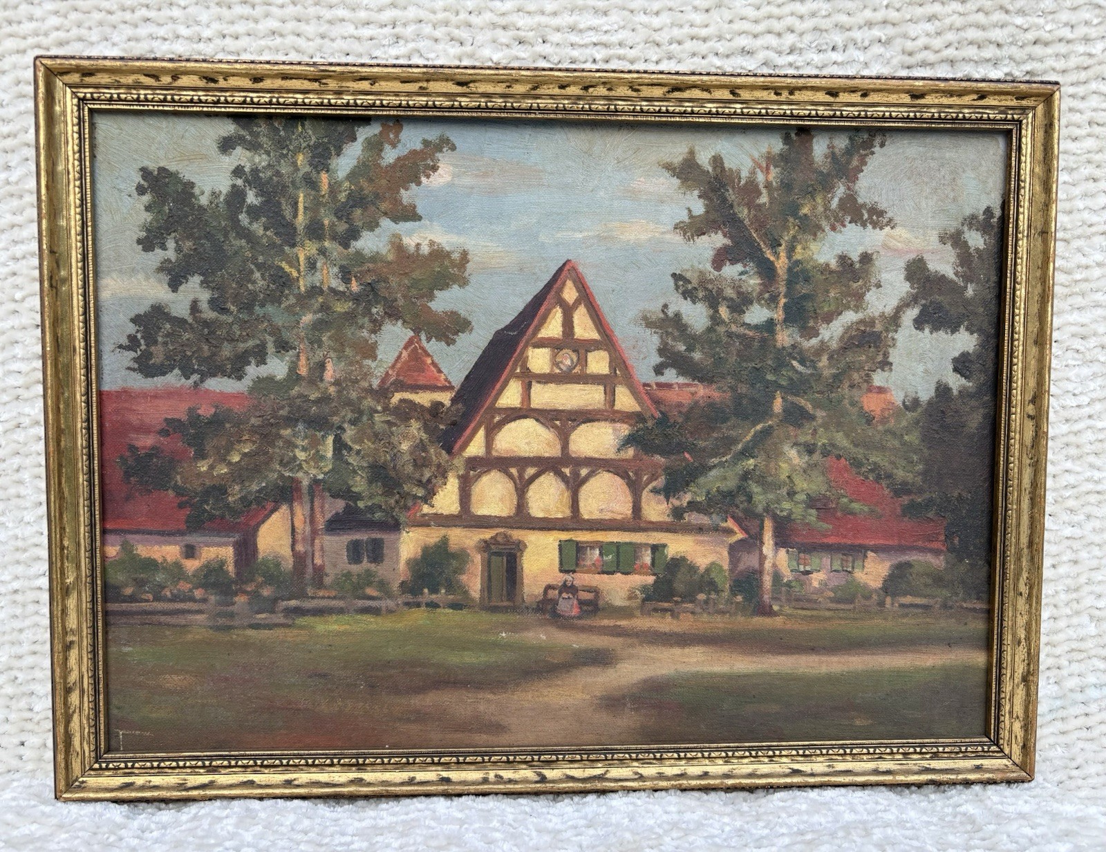 Vintage Framed 15” X 11” Acrylic/Oil Painting European Cottage Farm Home Art