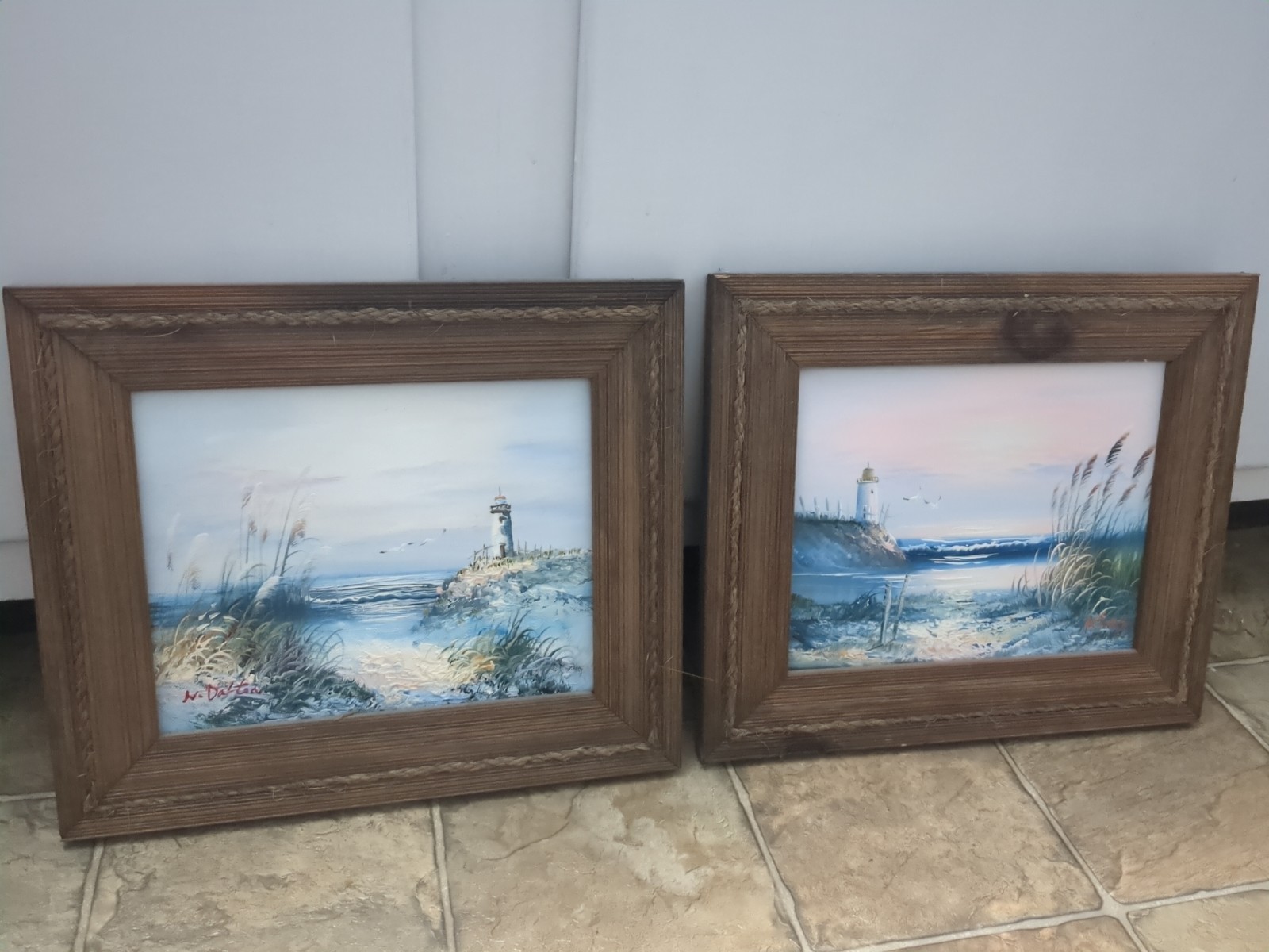 Vintage Lighthouse Oil Paintings Set of 2 – Rustic Coastal Beach Decor