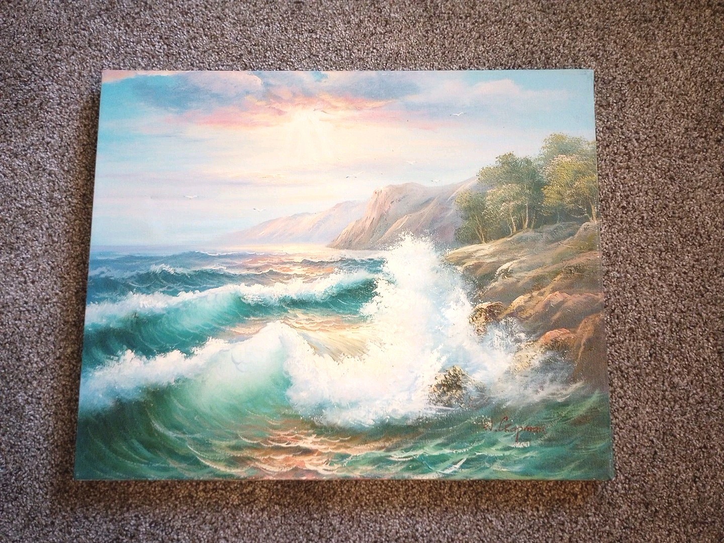 W. Chapman Original Oil/Canvas Seascape Crashing Waves Rocky Coast Sunset Signed