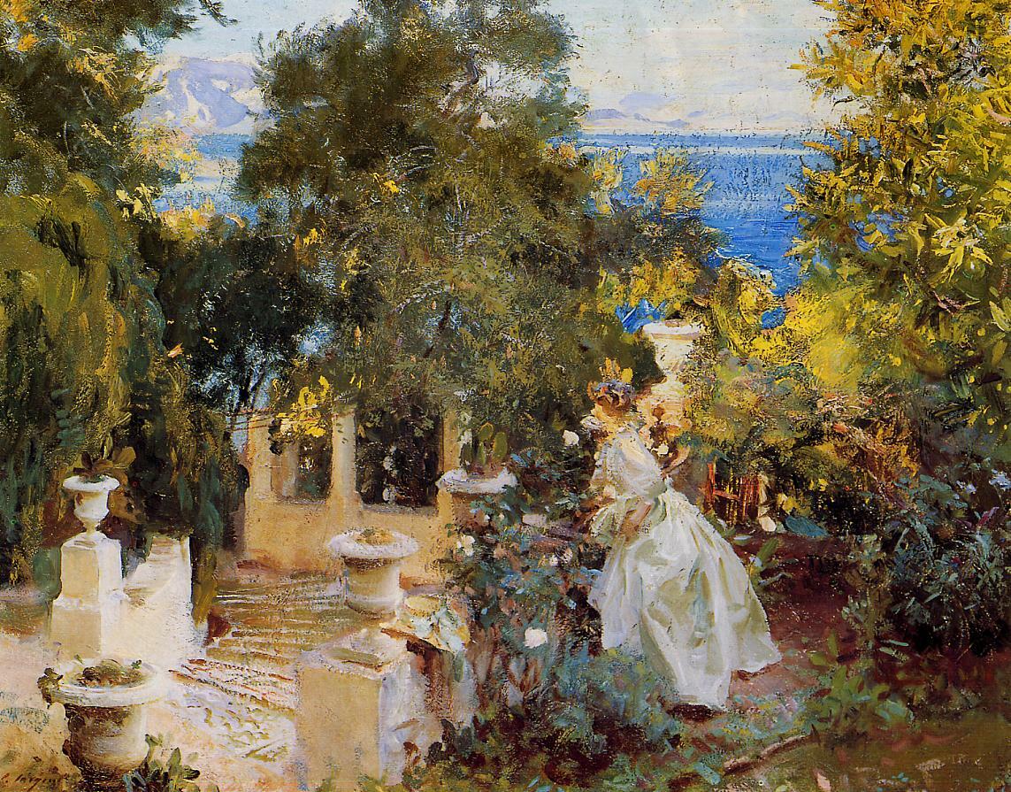 Oil painting young woman lady in landscape A-Garden-in-Cofru-John-Singer-Sargent