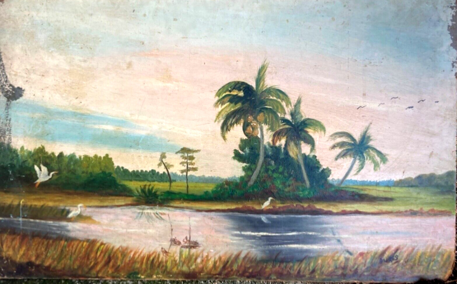 Vintage Landscape Painting, original, signed, masonite, unframed