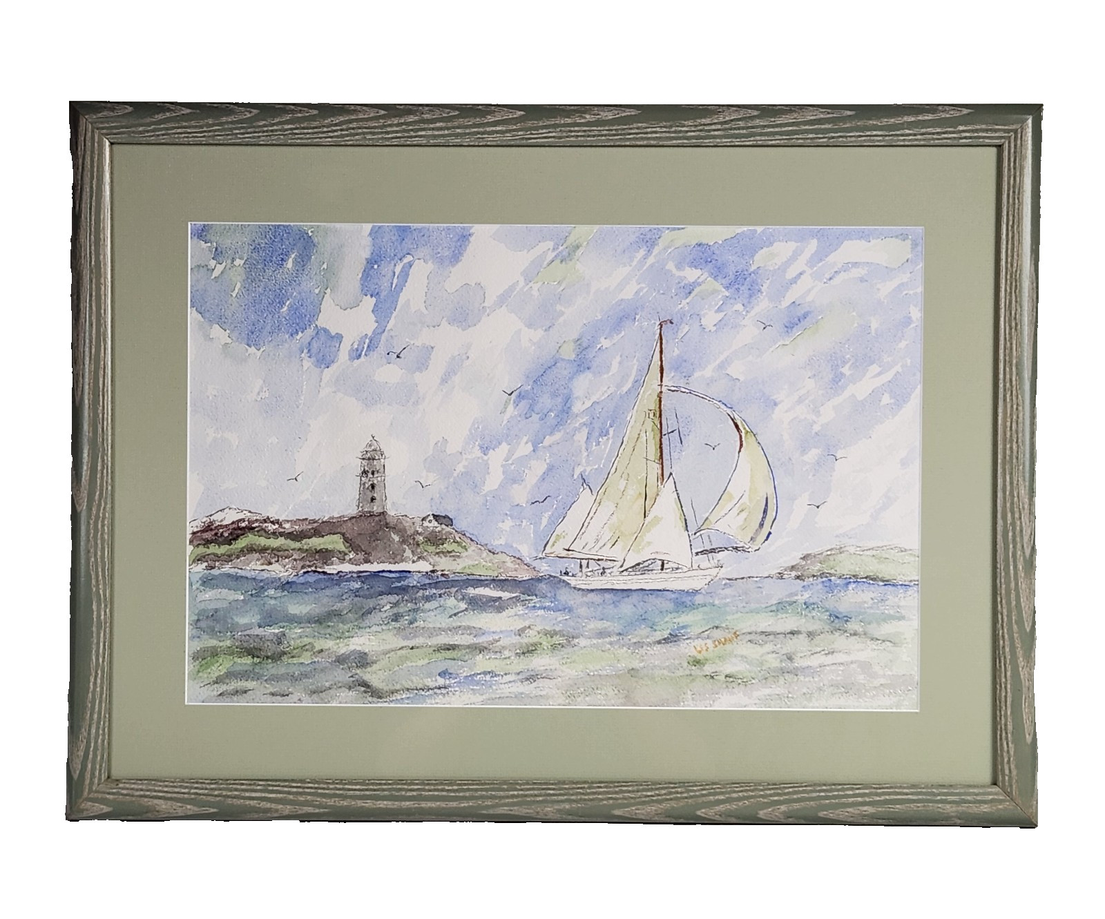 Coastal Sailboat & Lighthouse Watercolor Painting Signed Framed 17×23 Nautical