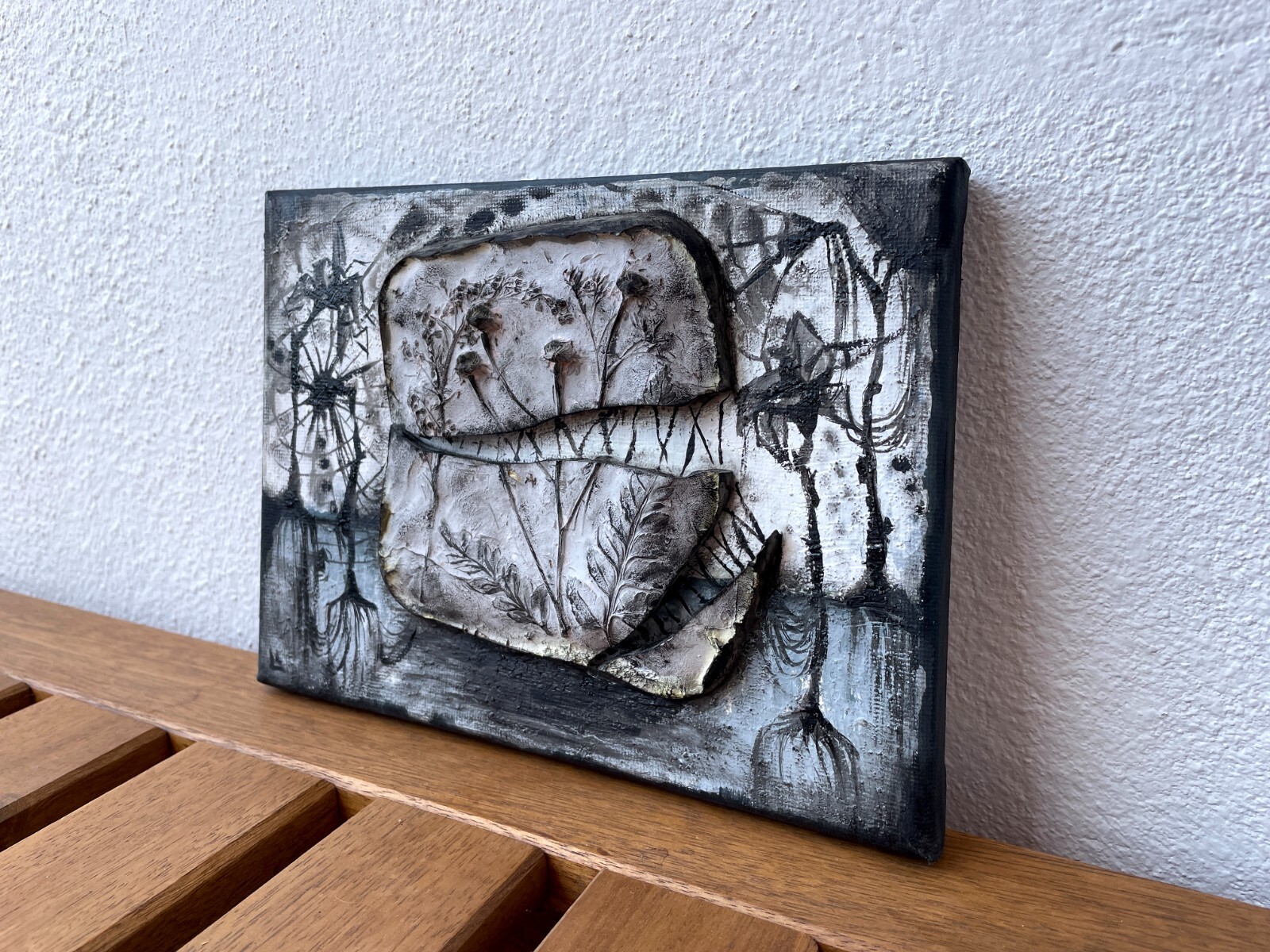 Broken life, conceptual artwork, mixed media painting, interior art, gray black