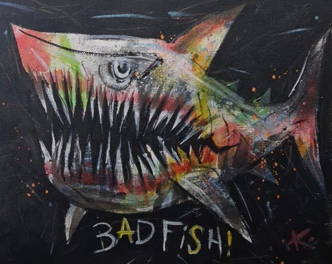 Shark Painting Original Bad Fish Folk Art Thayer Outsider Americana OOAK Canvas
