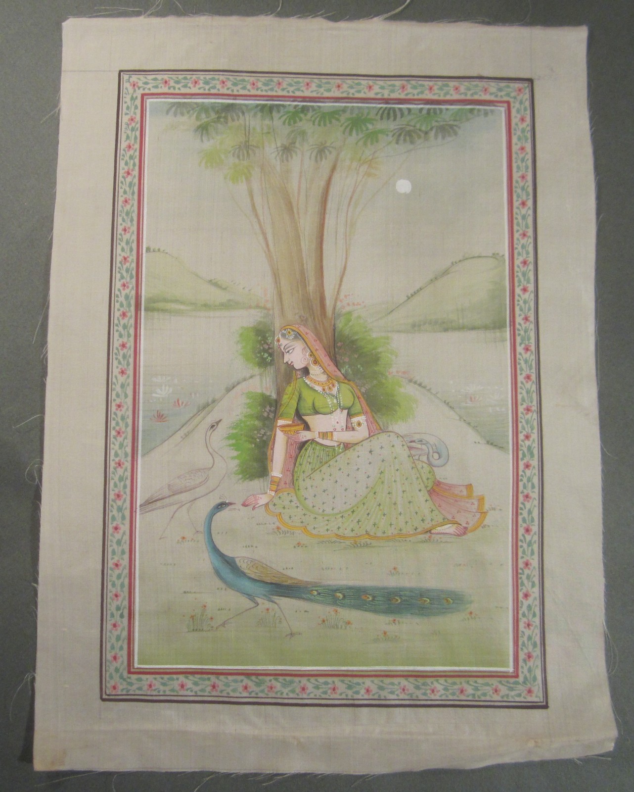 ORIGINAL RAGINI ART — Hand Painted Lady & Peacocks on Silk — 8-1/2″ x 11-1/2″