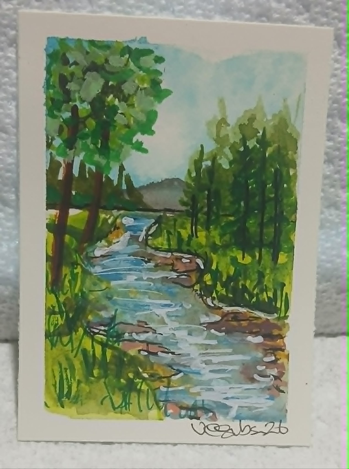Whimsical Landscape Trees Stream ACEO OOAK Watercolor Mini Art Card