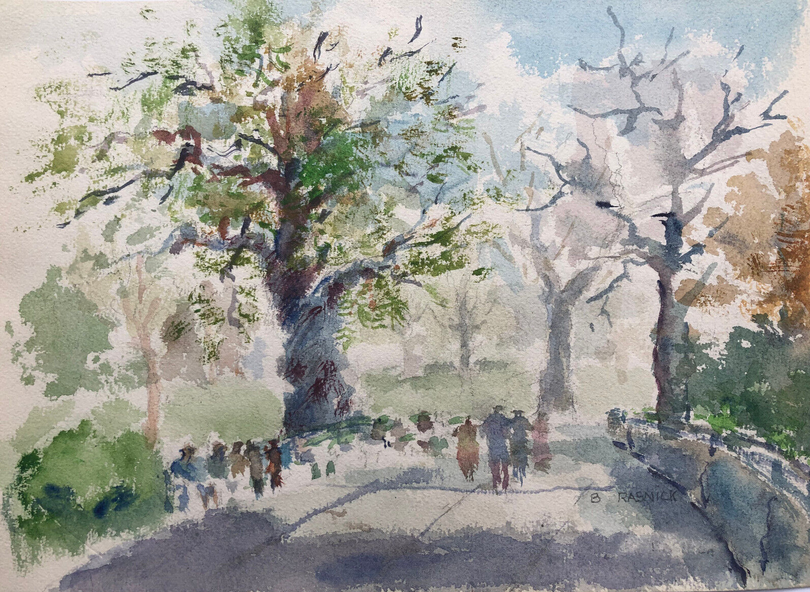 People in a Park Watercolor 8 5/8 x 12- Circa 1950s-B. Rasnick
