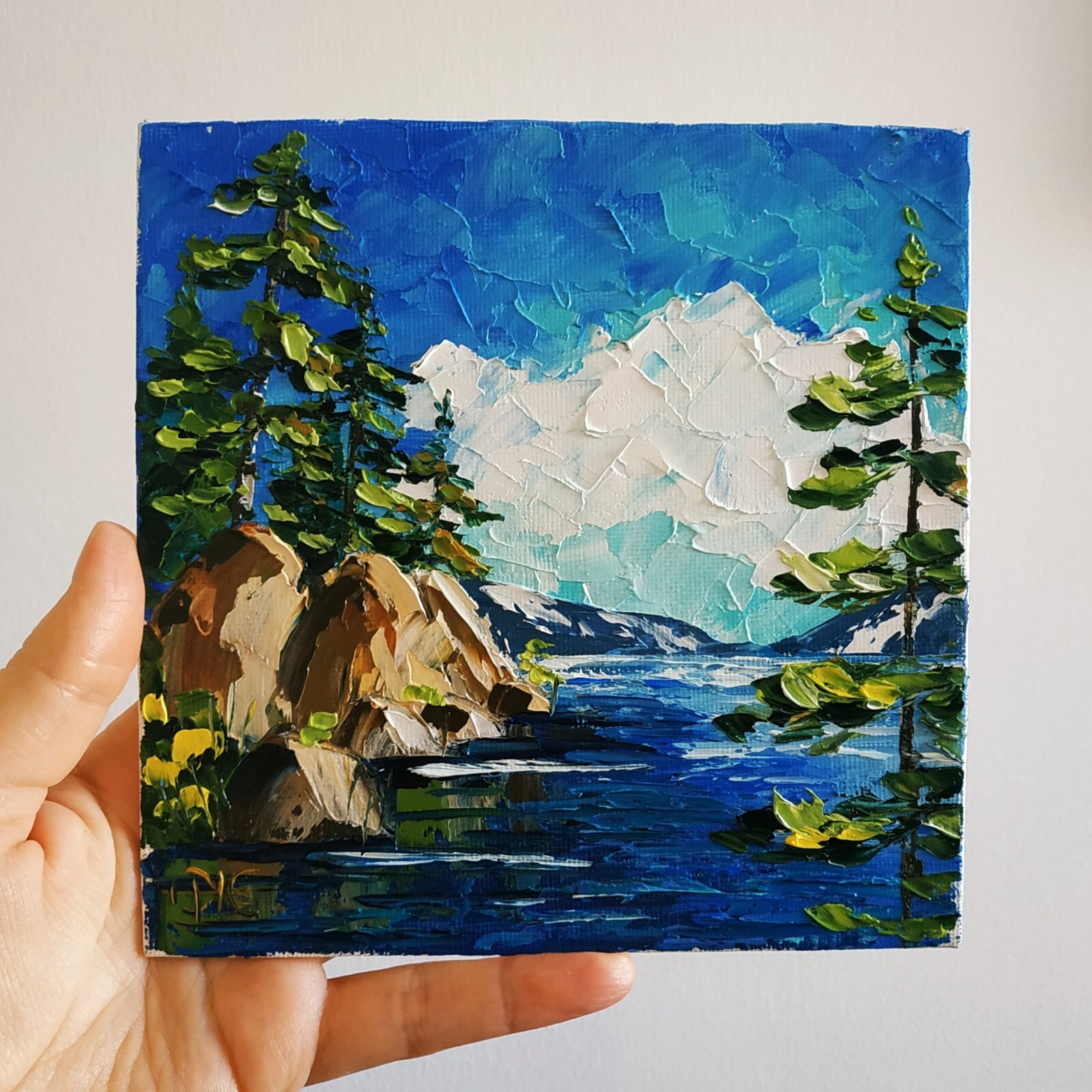 Lake Tahoe Original Painting Sequoia Hiking Impasto Oil Painting 3D Art 6×6