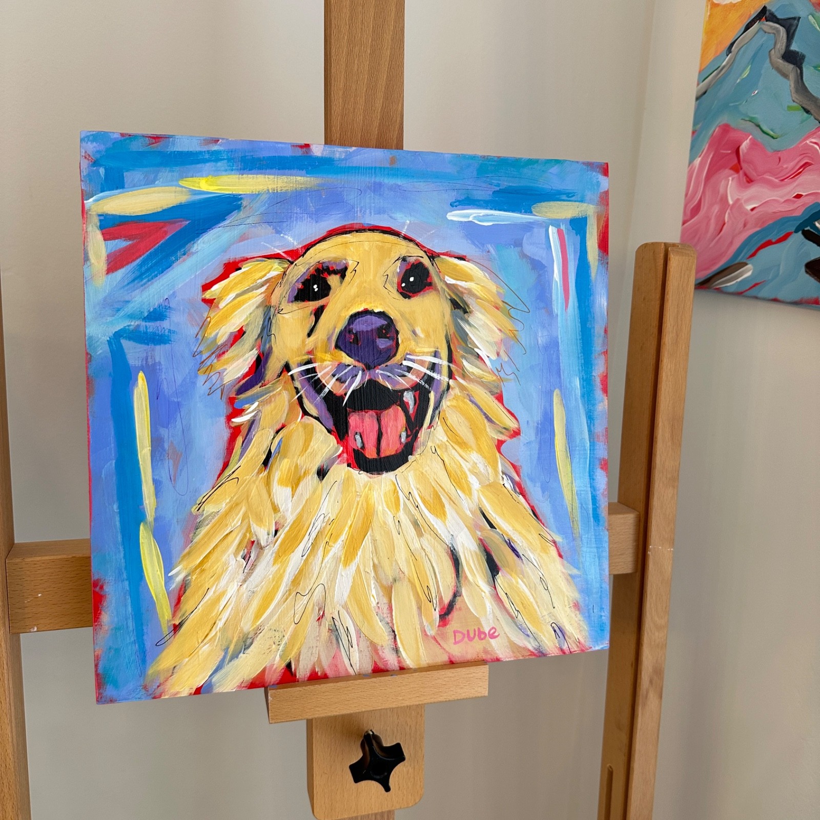DUBE Original Painting Golden Retriever Smile POP Art 12×12″ Cradled Wood OOAK