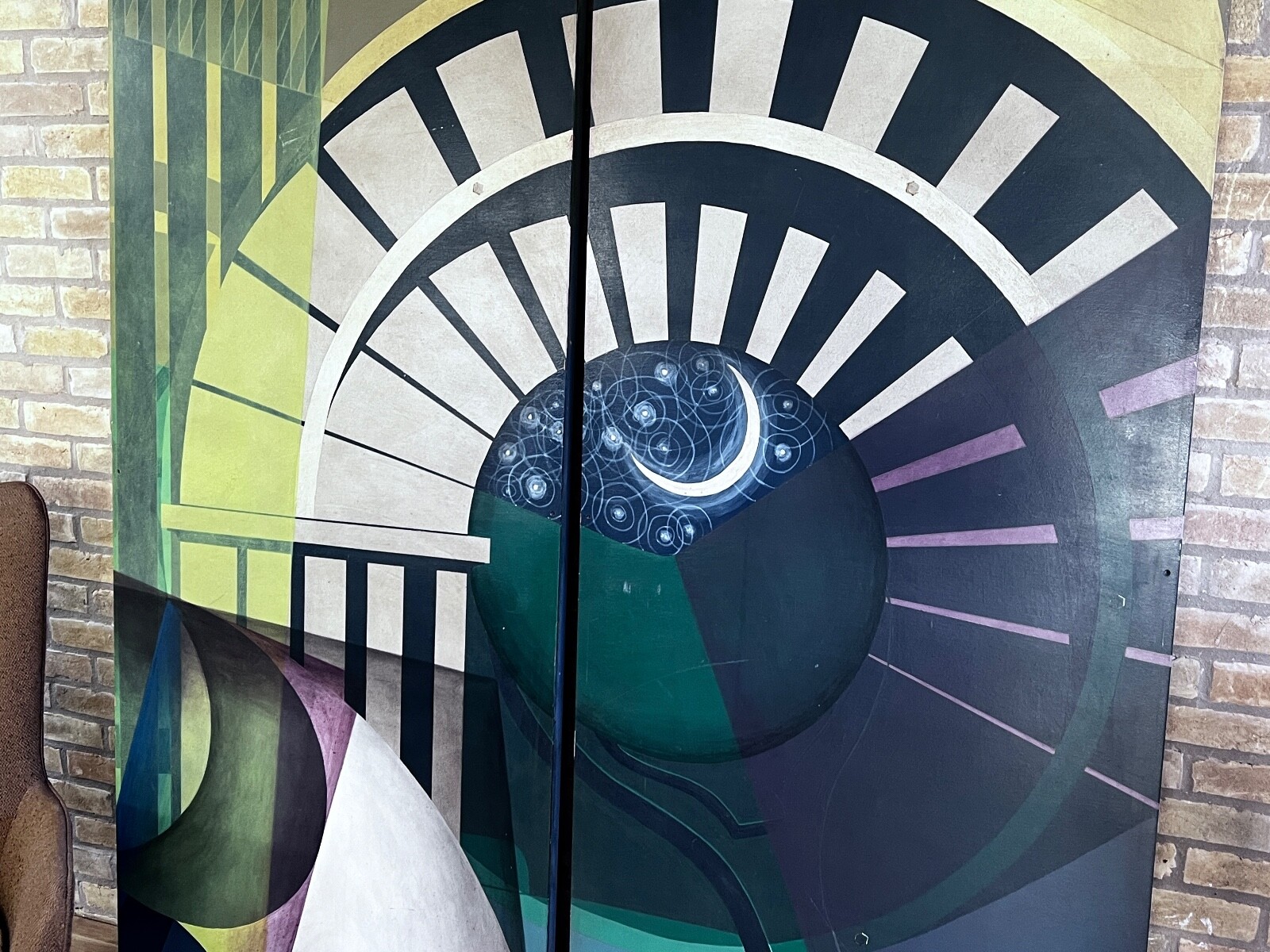 Art Deco Geometric Diptych Constellation Oil Painting Panel Door Screen Vtg