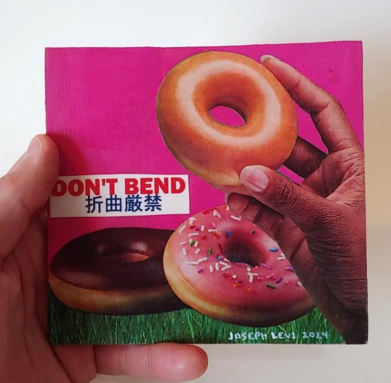 Colorful Modern Food Art Donut Hand Original Mixed Media Collage on Wood Panel