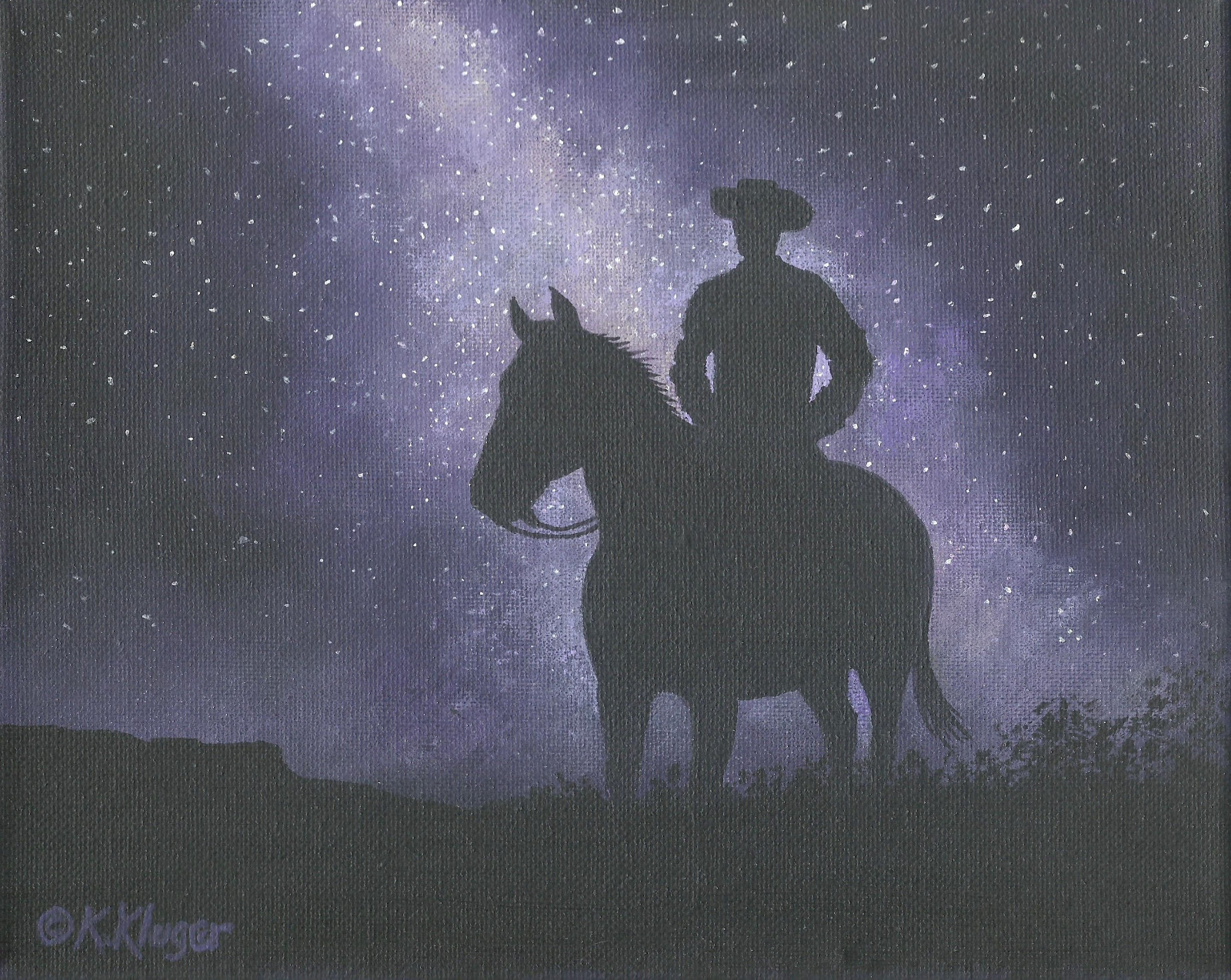 Katherine Kluger Night Watch New Acrylic Western Equestrian Silhouette Painting