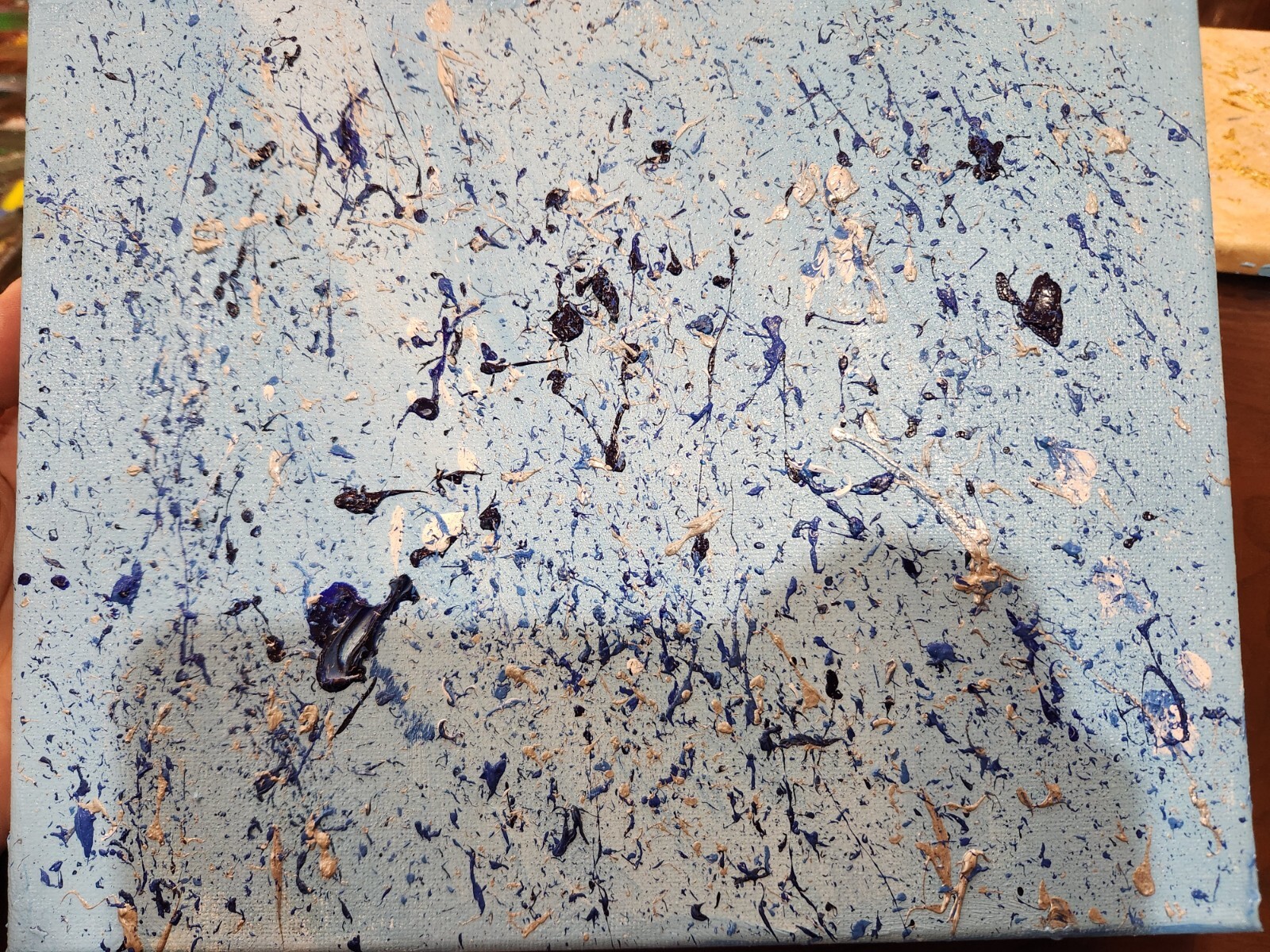 Shades of blue abstract splattered handmade 8×10 painting 