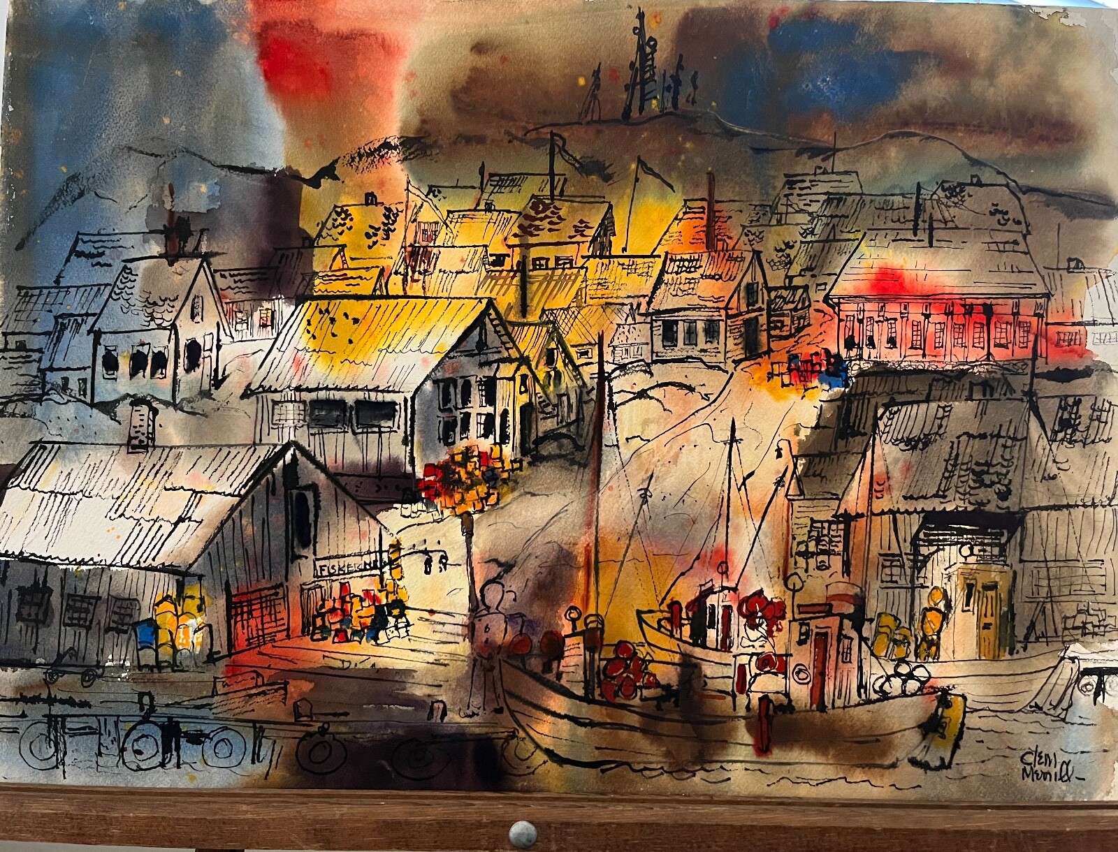 California Listed Artist, Virginia «Clem» Merrill,1910-1996, CA Fishing Harbor.