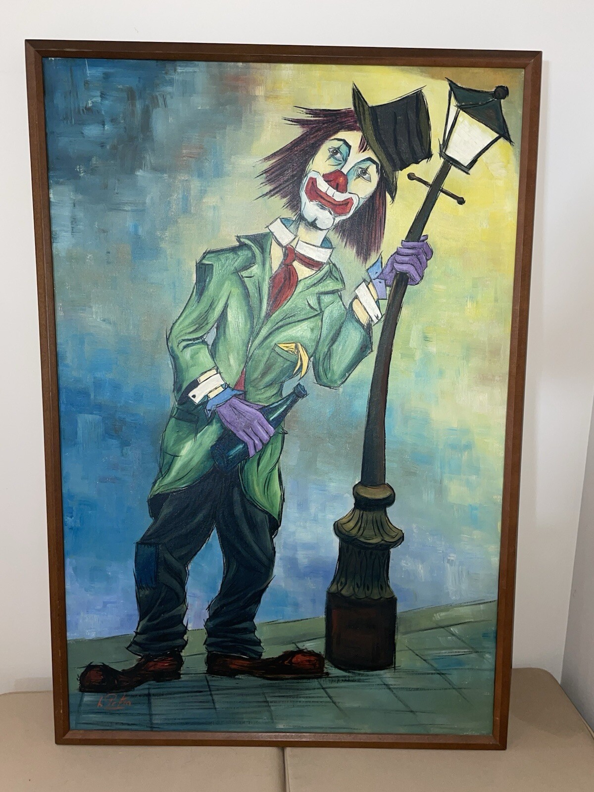 Circus CLOWN OIL PAINTING Canvas 25 1/2 X 37 1/2Framed Signed L. PETRA VINTAGE