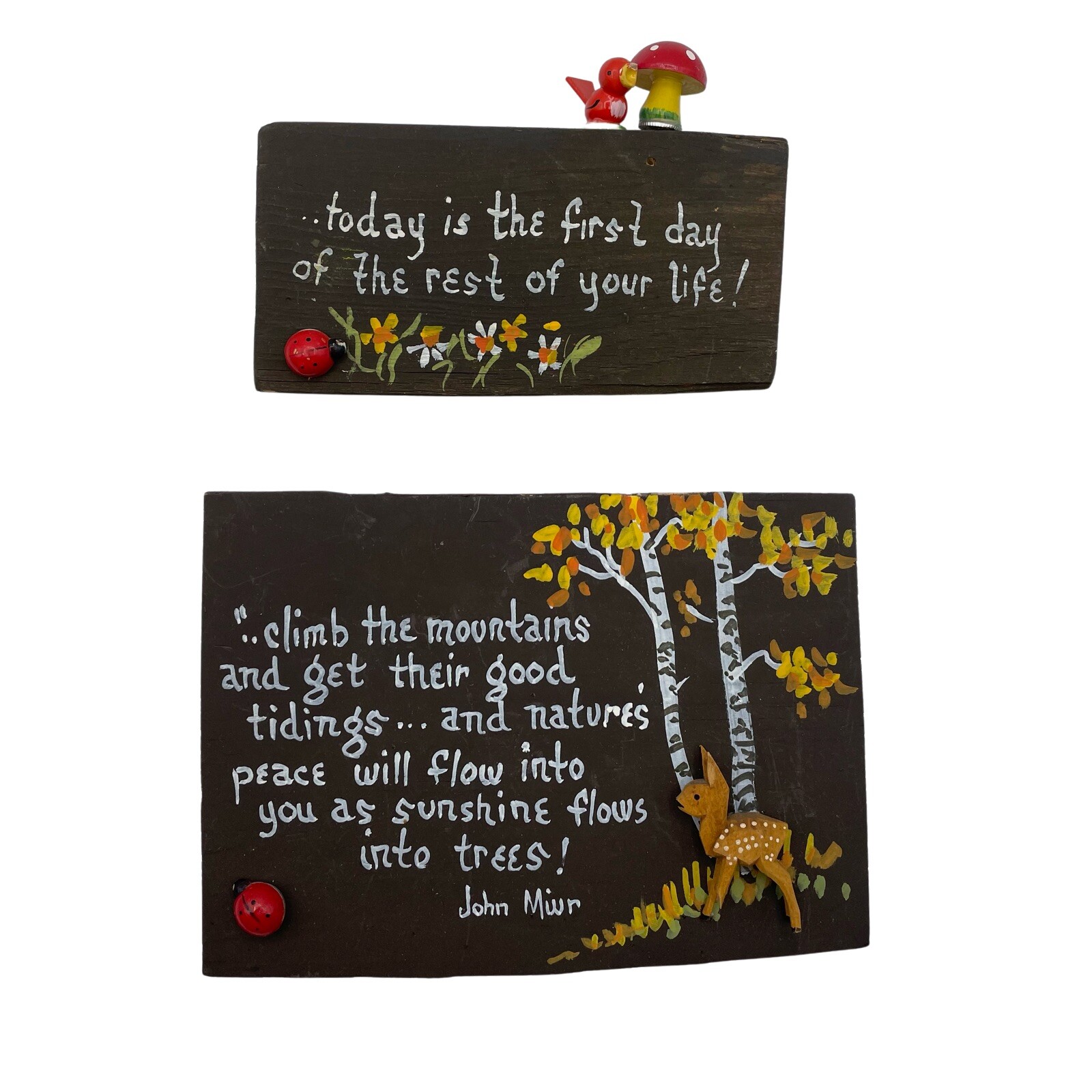 x2 Happy Peasant Hand Painted Plaque Jackson Hole, Wyoming Lady Bug Deer