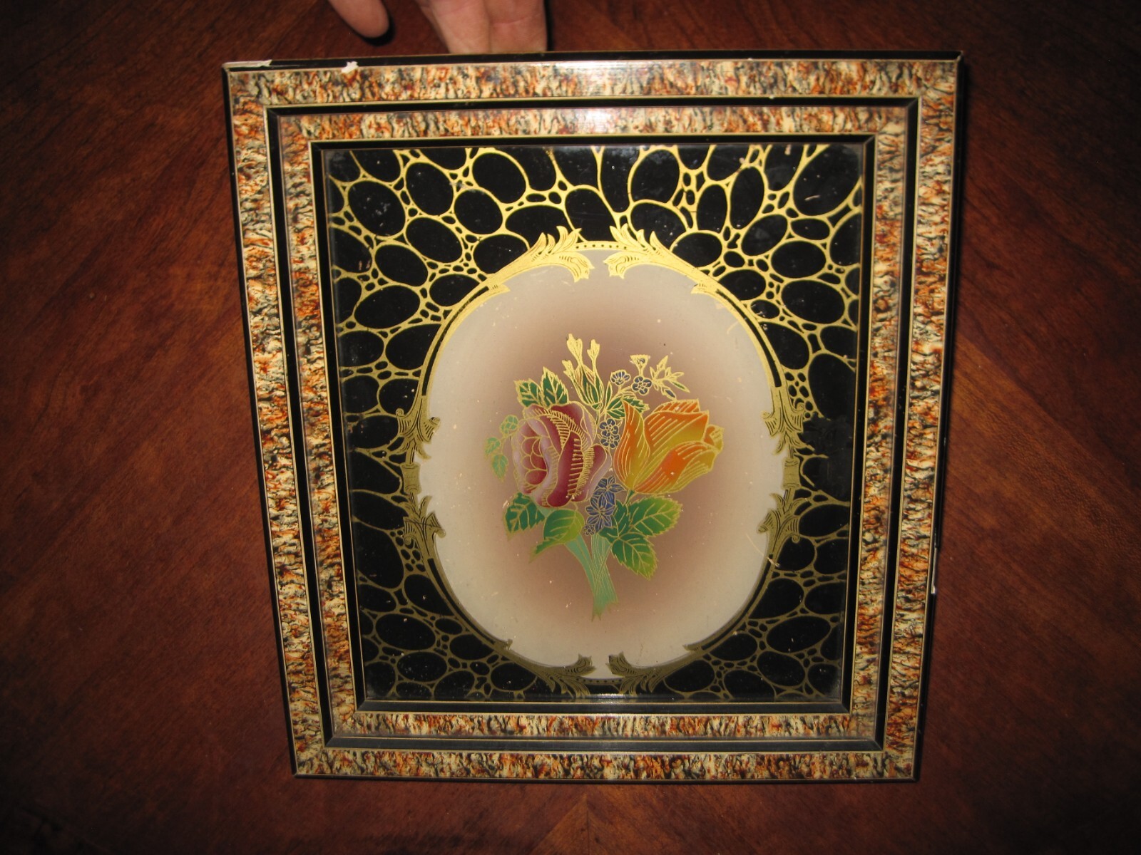 Antique Reverse Painted Glass Framed Floral Art Nouveau Deco