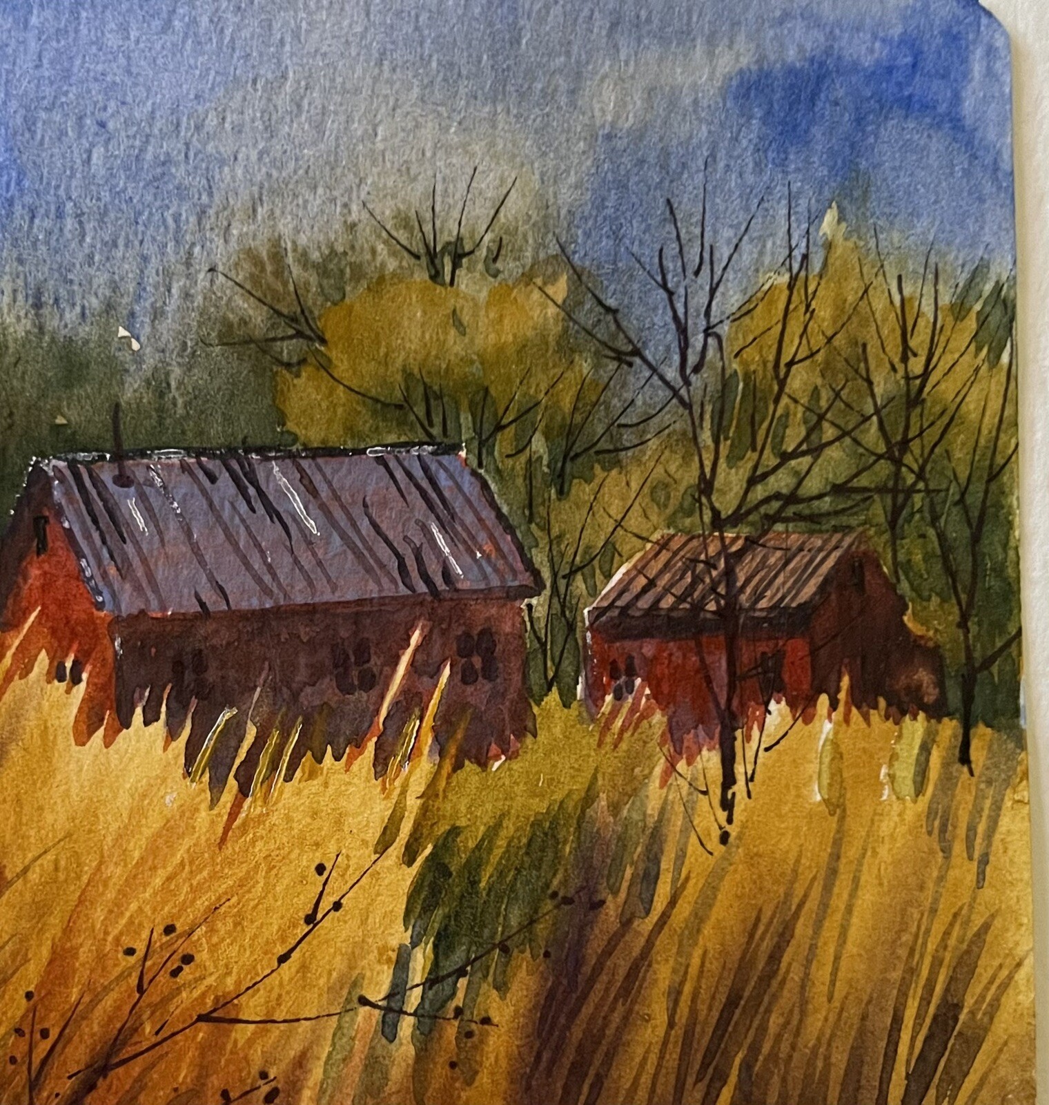 4”x4” Original Watercolor By Pamela Wilhelm Tall Grass & Barns