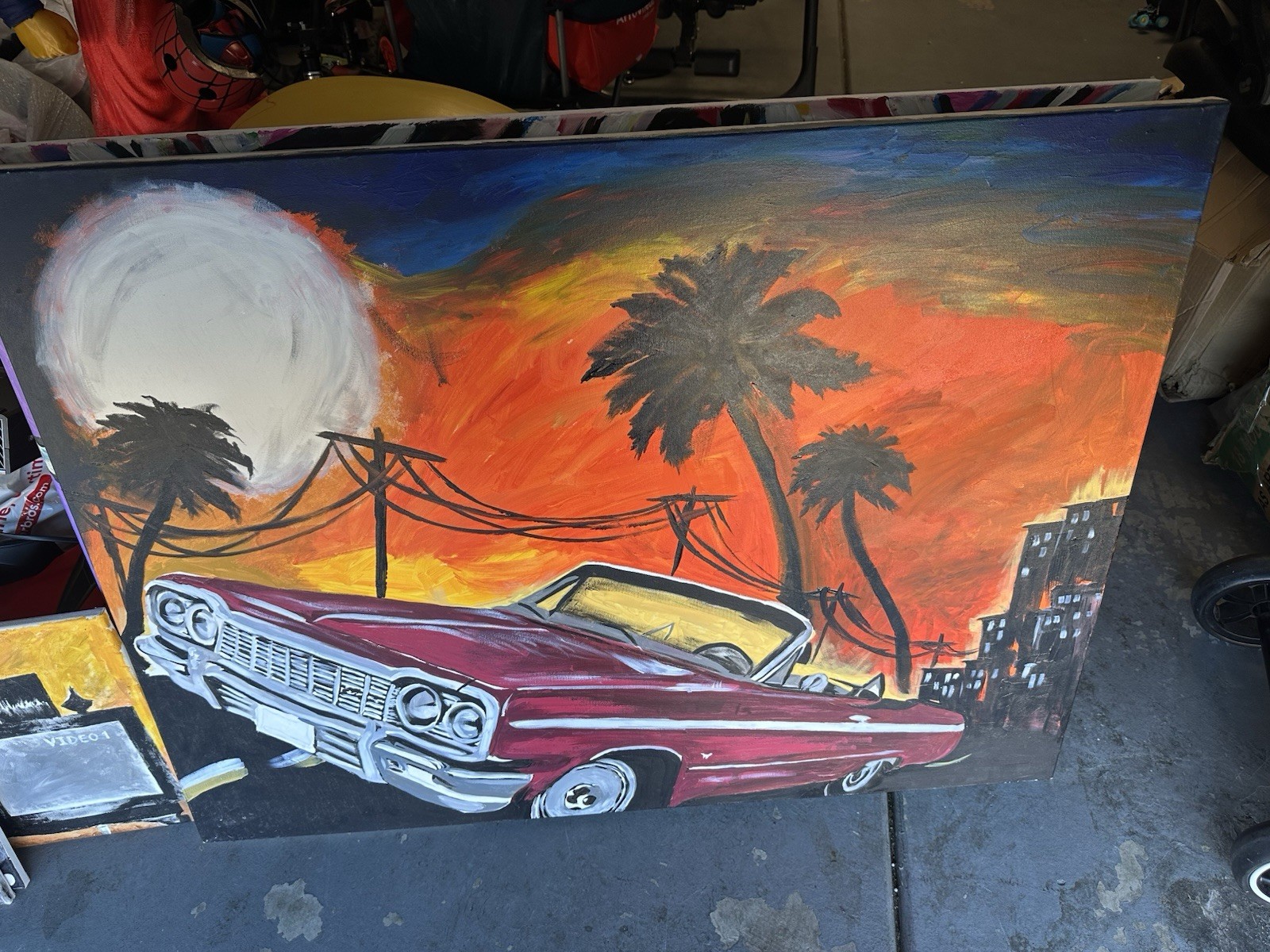 Lowrider Original Hand Painted Canvas Art 36”x 48” Classic Car Sunset Wall Decor
