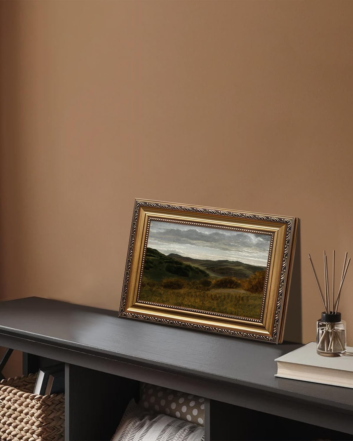 Charming Retro Mountain Landscape Painting in Gold Frame – 9″x12″ Canvas Decor