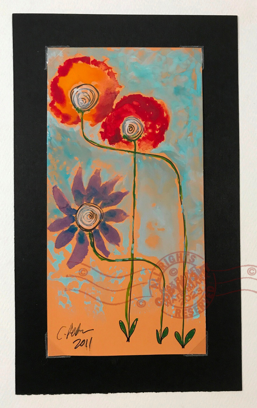 3 Maids 2011 C Peterson * Miniature Watercolor Painting * Flowers blue sky earth