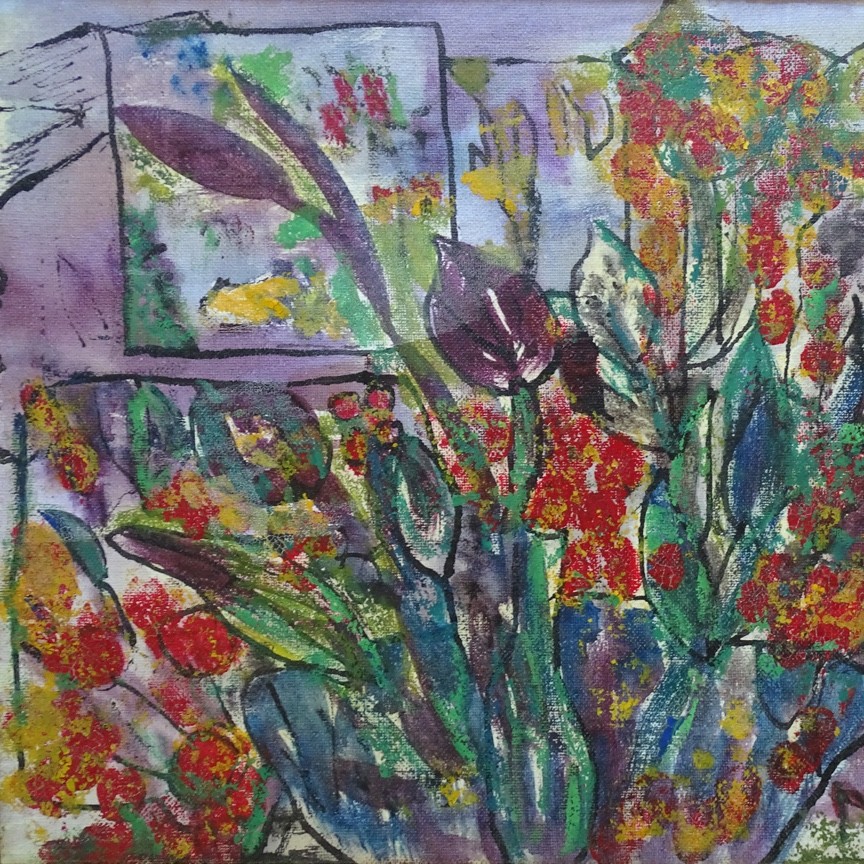 Mid Century Floral Abstract Impressionism Oil Painting Framed Signed 14.75×10.75