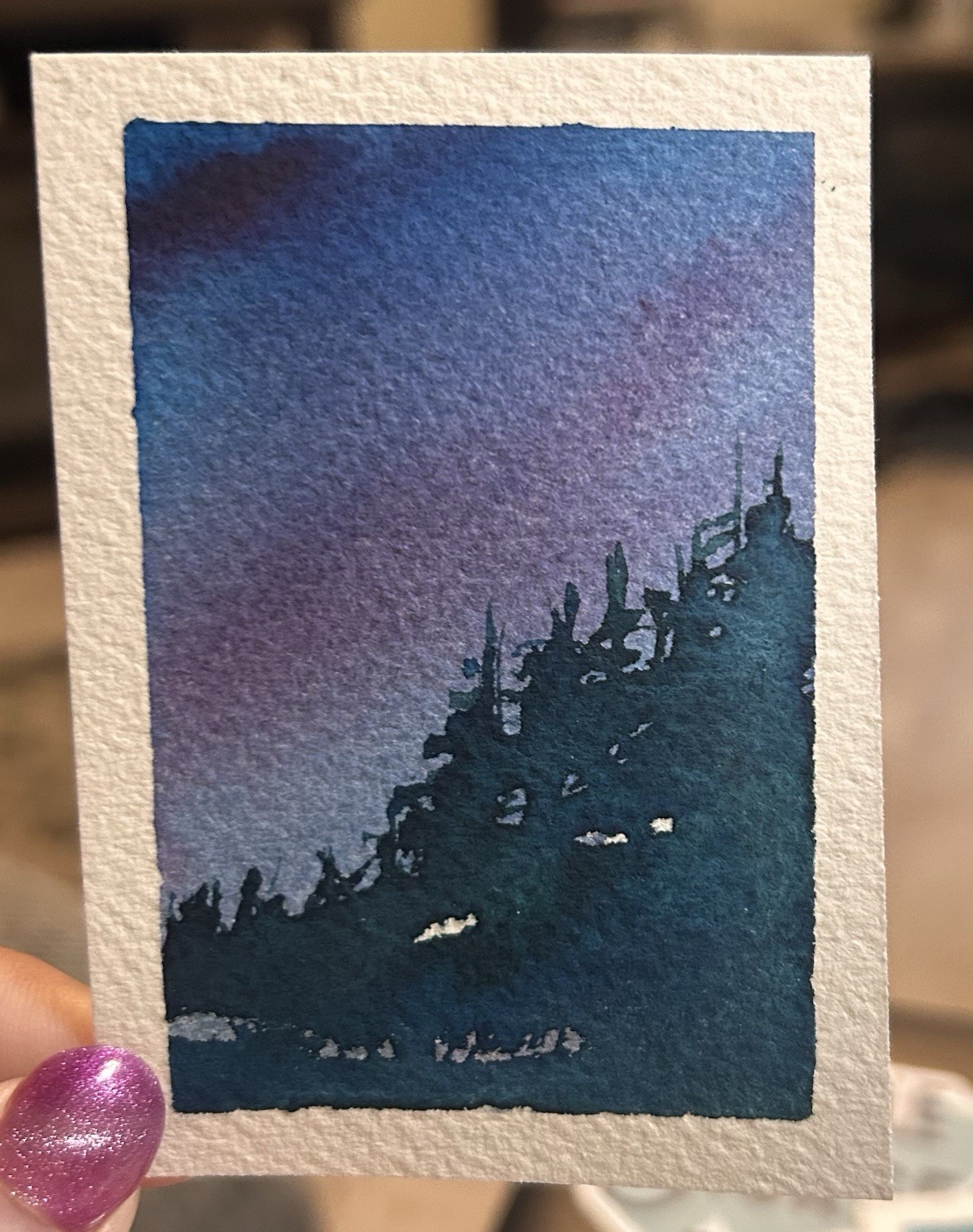 ACEO Lakeside Night Watercolor Lake Landscape Painting By Sasha Lehto