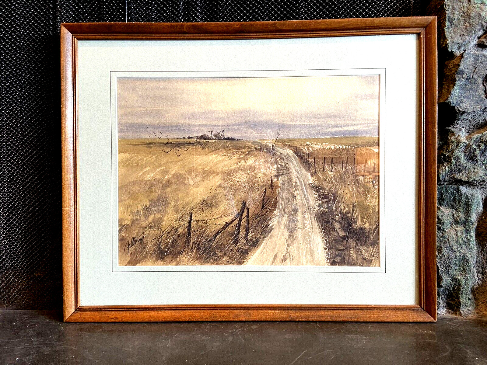 James Fallier – 1930 Watercolor Landscape Painting Kansas Prairie Fields Farm