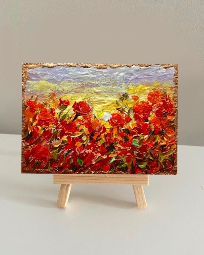 ACEO Original Oil Painting Poppy Art Cards Impasto Mini Art 2.5×3.5in Signed