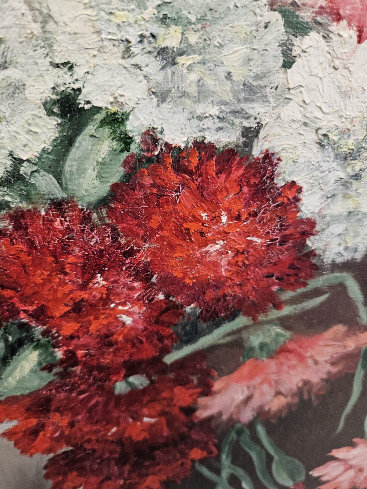 Vintage Floral Bouquet of Carnations in Vase Oil Painting Canvas Flowers FRAMED
