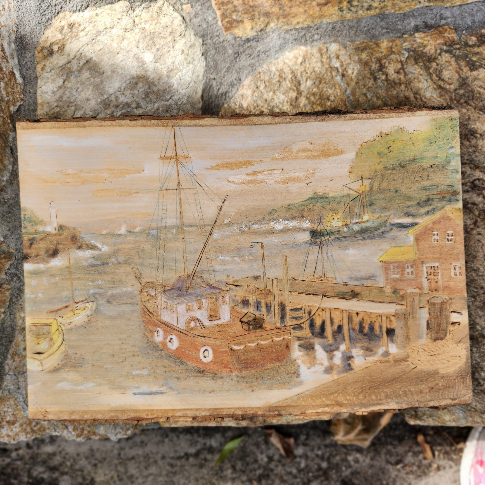 Vintage Original Painting natural tree slab wood board boats harbor 10×14