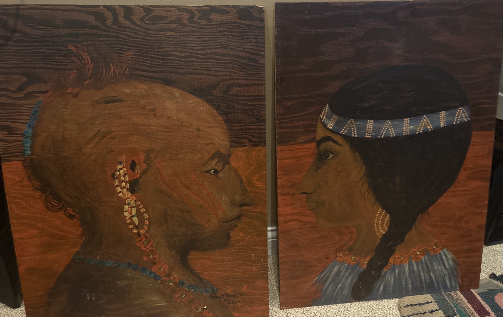 Vintage Native American Indian Woman & Man Oil Paintings On Plywood Signed