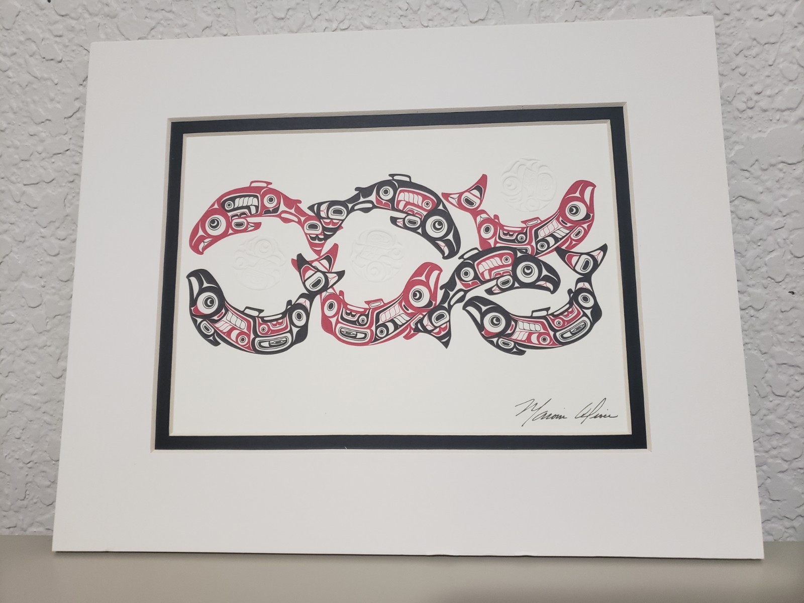Marvin Oliver Embossed Print w/ Mat «Spawning Salmon» Native American Red 10″x8″