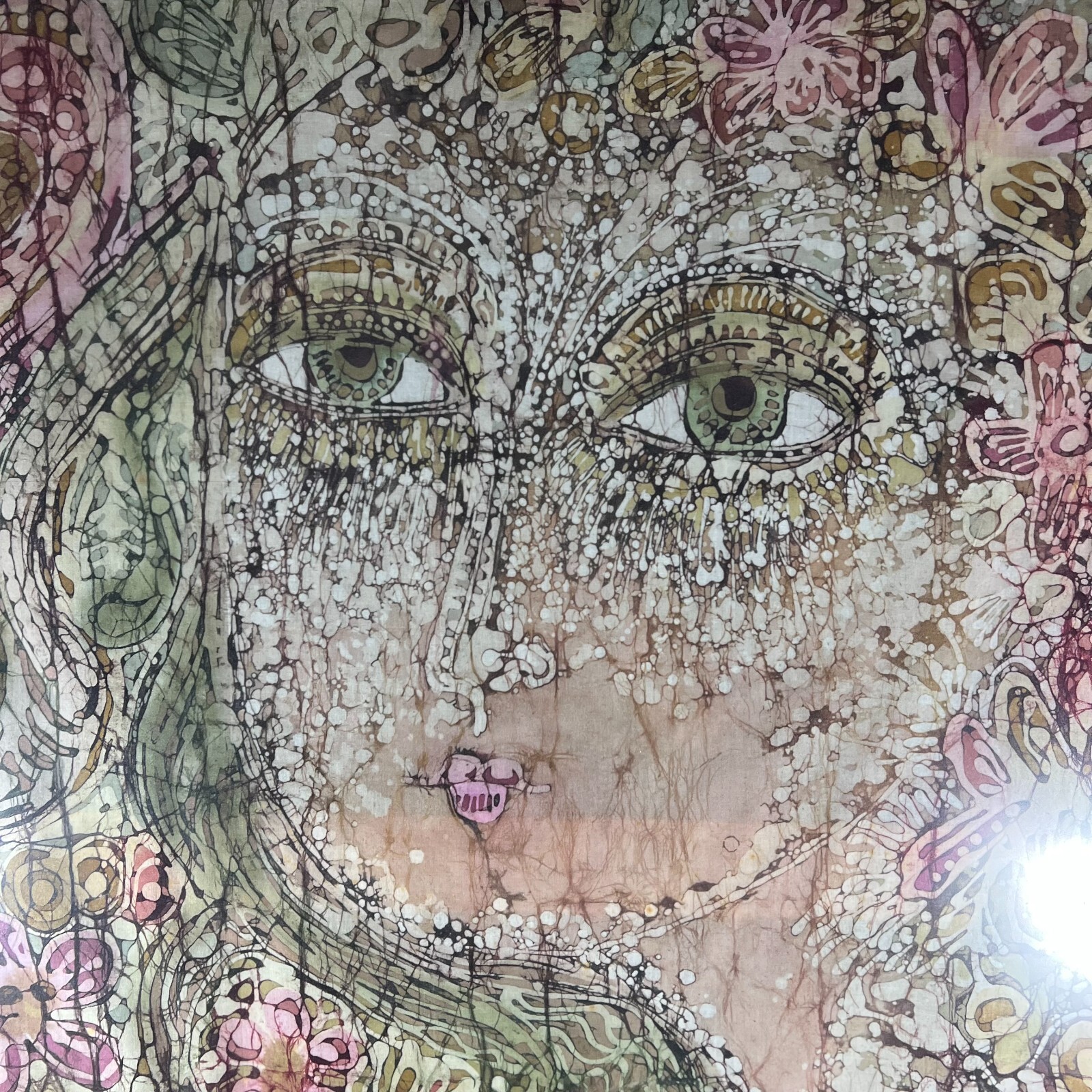 Heliodoro Santa Coloma (NY, 1932-2013), Female Face Happy Woman Fabric Painting