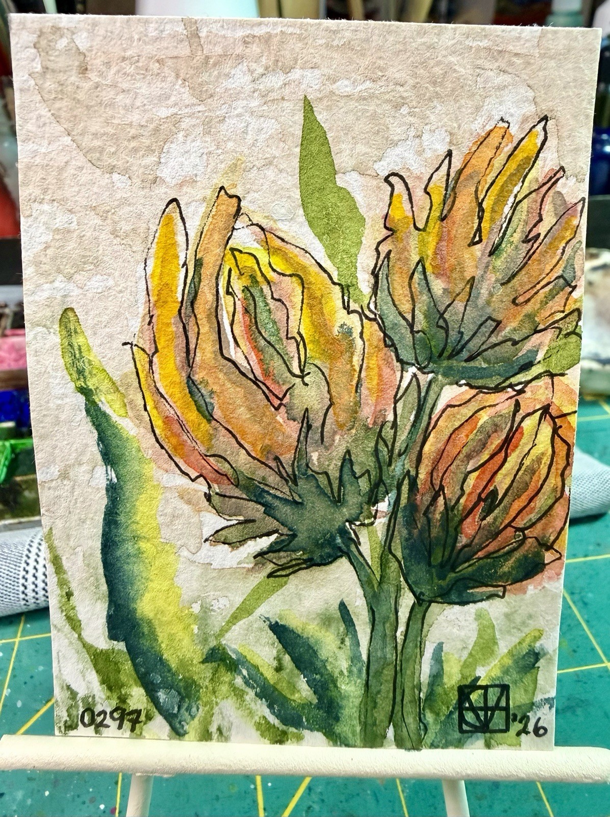 ACEO Painting by M. Hackney Floral Watercolor & Ink, Signed, 2.5×3.5″, 2026