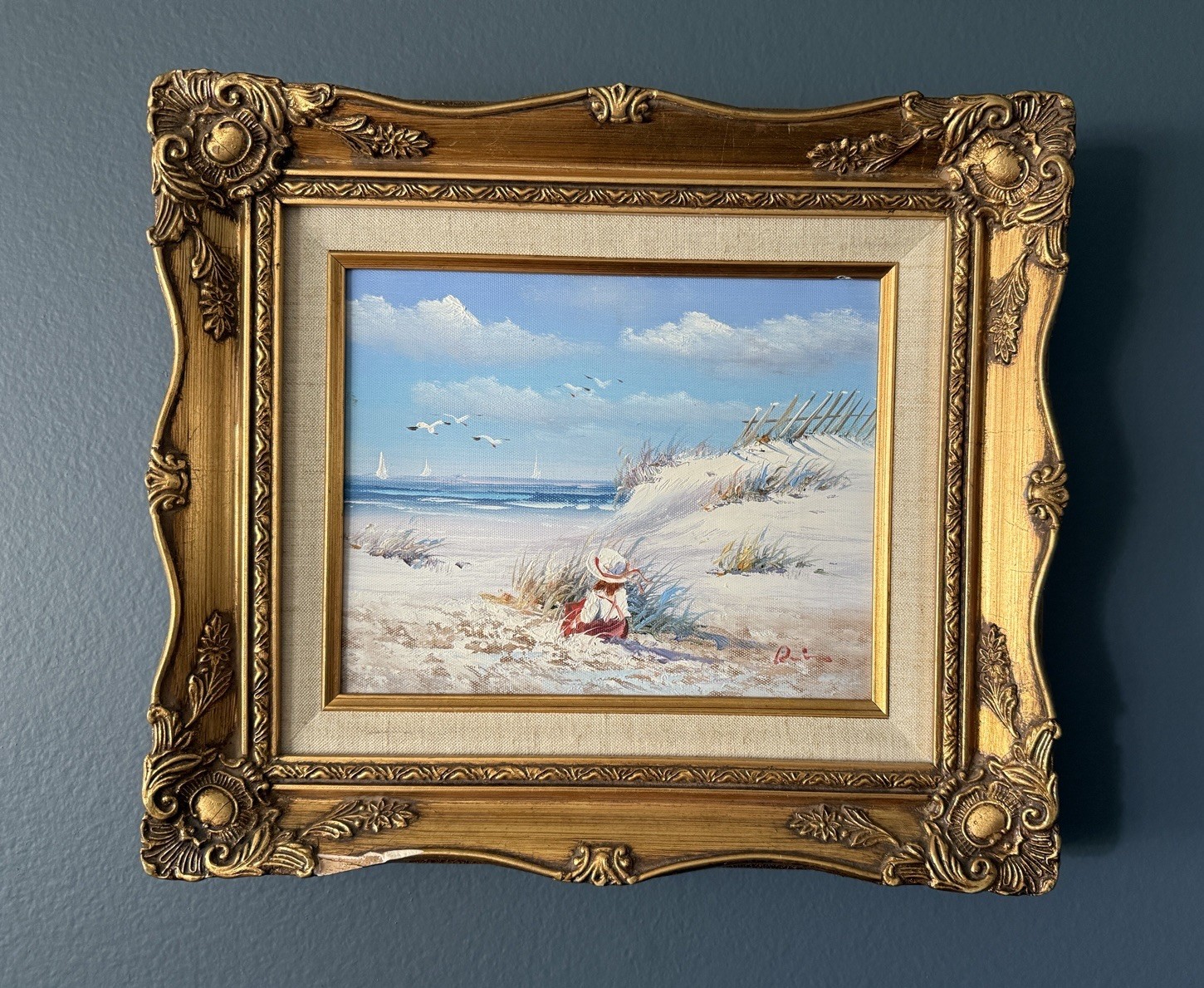 Vintage Small Oil Painting Ocean Beach Scene Impressionist Signed By Artist