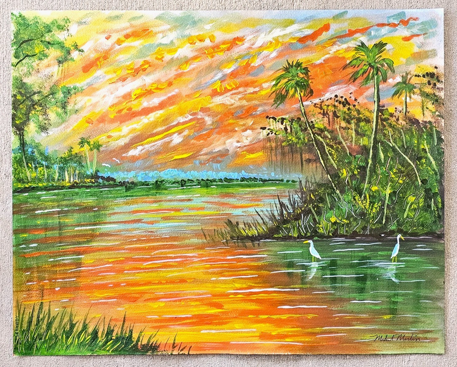 Original Painting Tropical Landscape Bird Florida Highwaymen Style Artist Signed